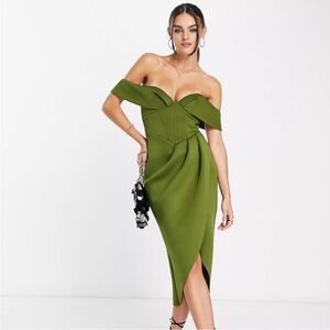 ASOS Olive Green Off Shoulder Midi Dress
